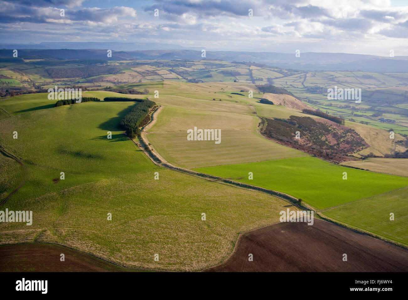 Offa es Dyke Luftaufnahme des alten Erdarbeiten Denkmal auf Weißdorn Hügel südlich von Knighton Radnorshire Powys Mid Wales UK Stockfoto