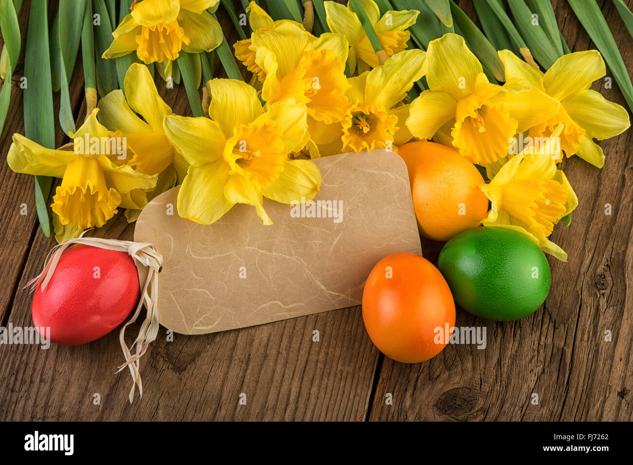 Ostern-gelb Blumen Label Text Papierbereich Stockfoto