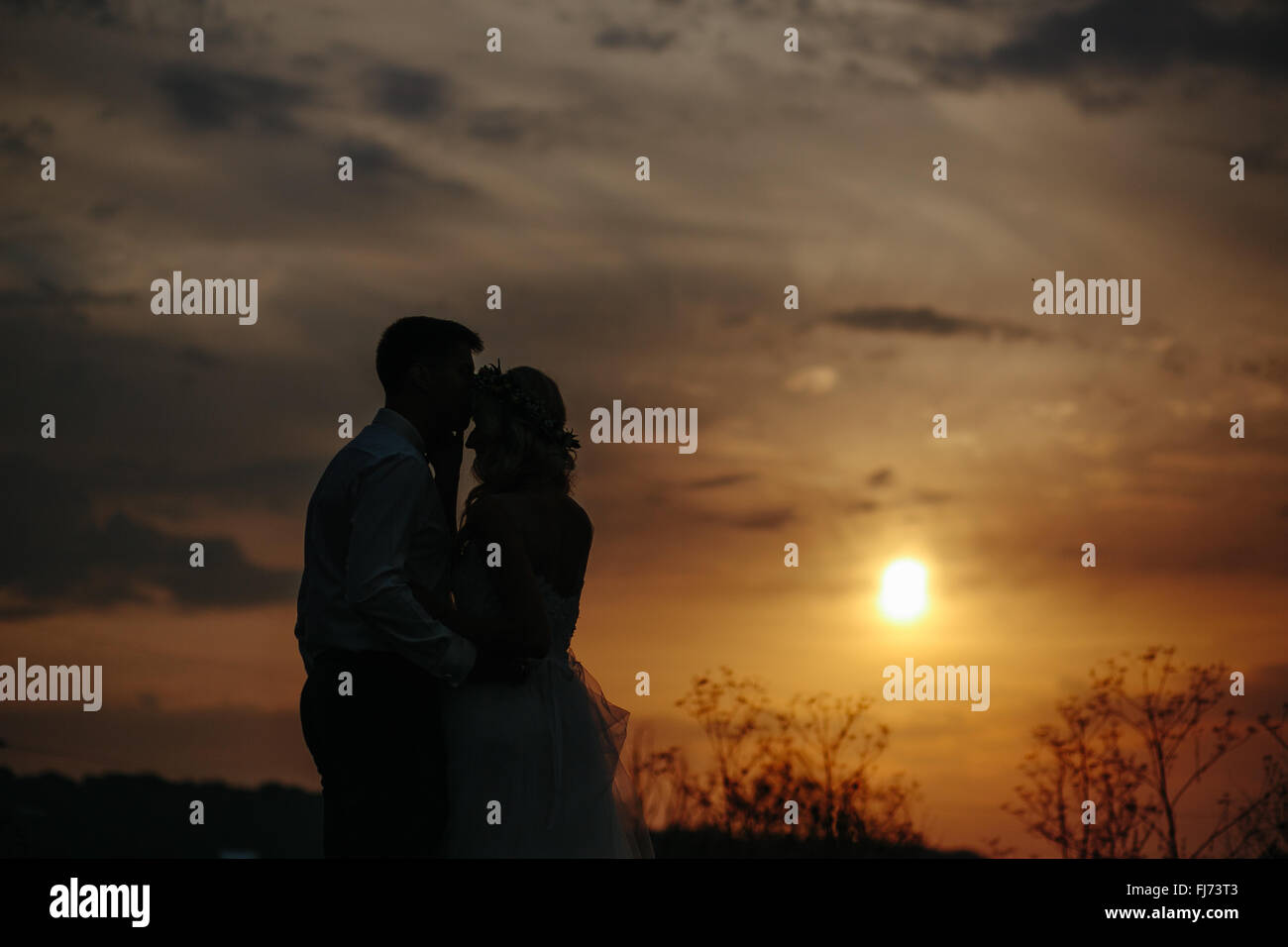 Silhouette des Hochzeitspaar in Feld Stockfoto