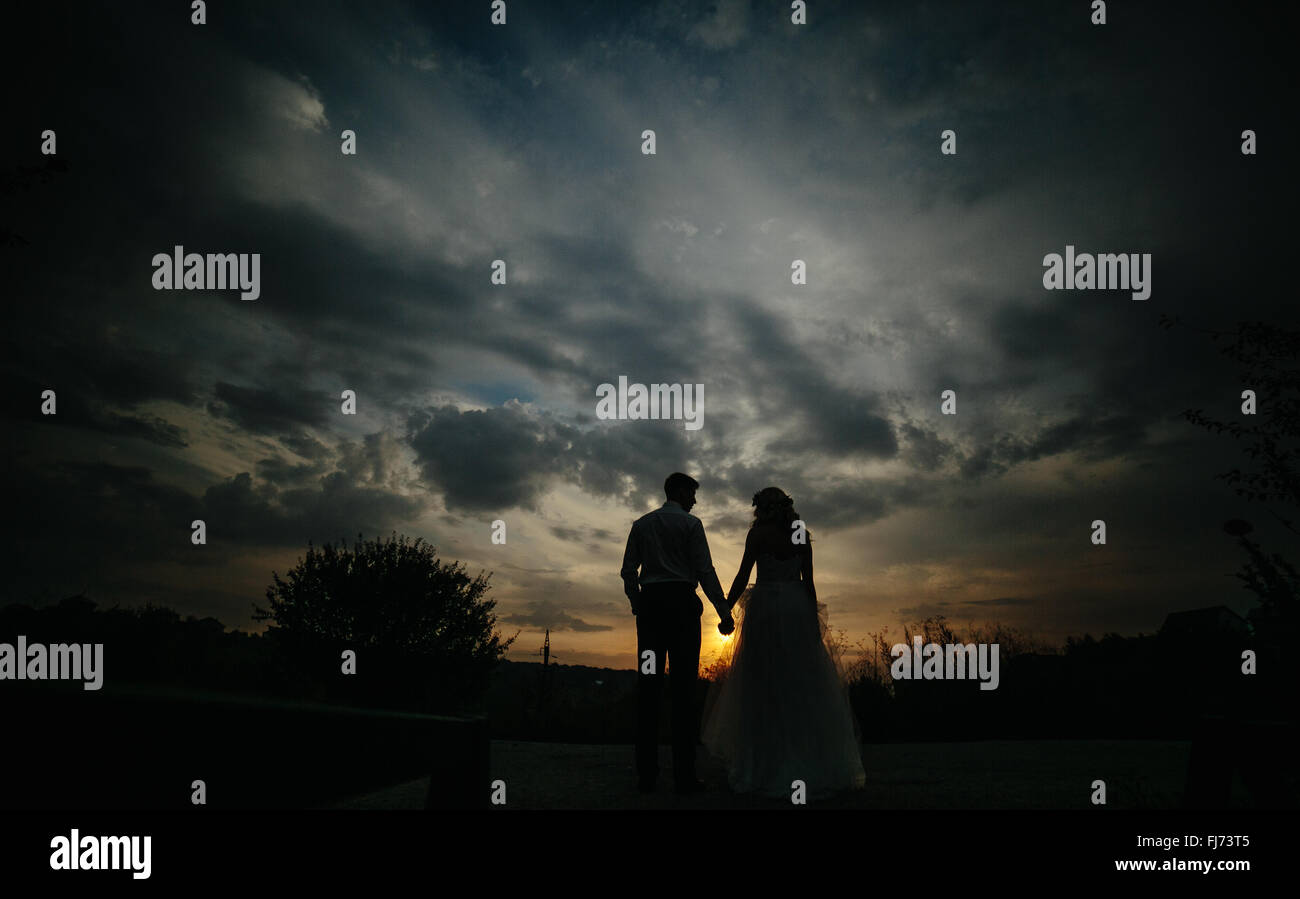 Silhouette des Hochzeitspaar in Feld Stockfoto