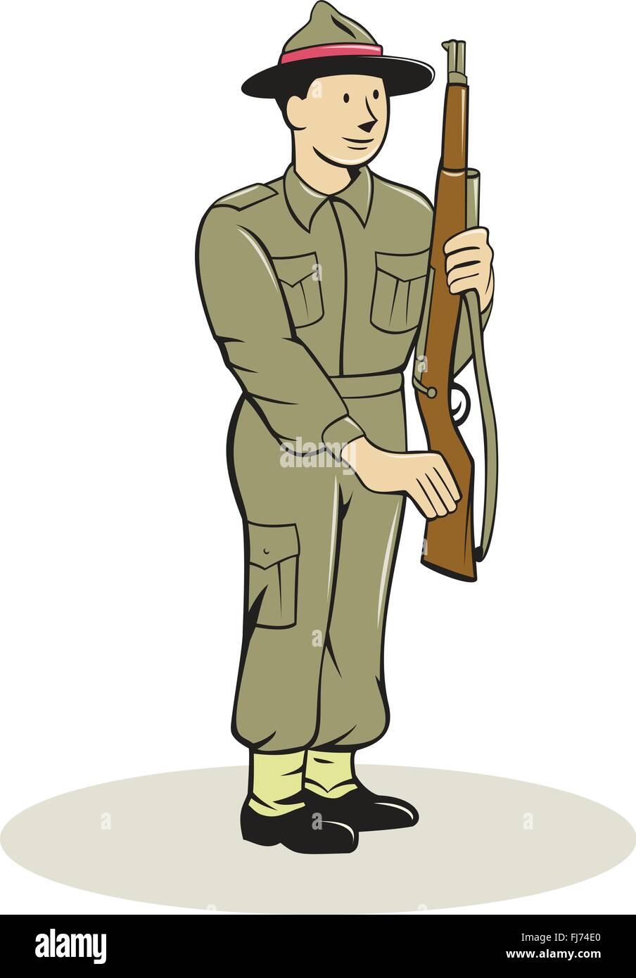 Abbildung eines britischen Weltkrieg Soldaten präsentieren Arme Gewehr Waffe zur Inspektion am isolierten weißen Hintergrund im Cartoon-Stil gemacht. Stock Vektor