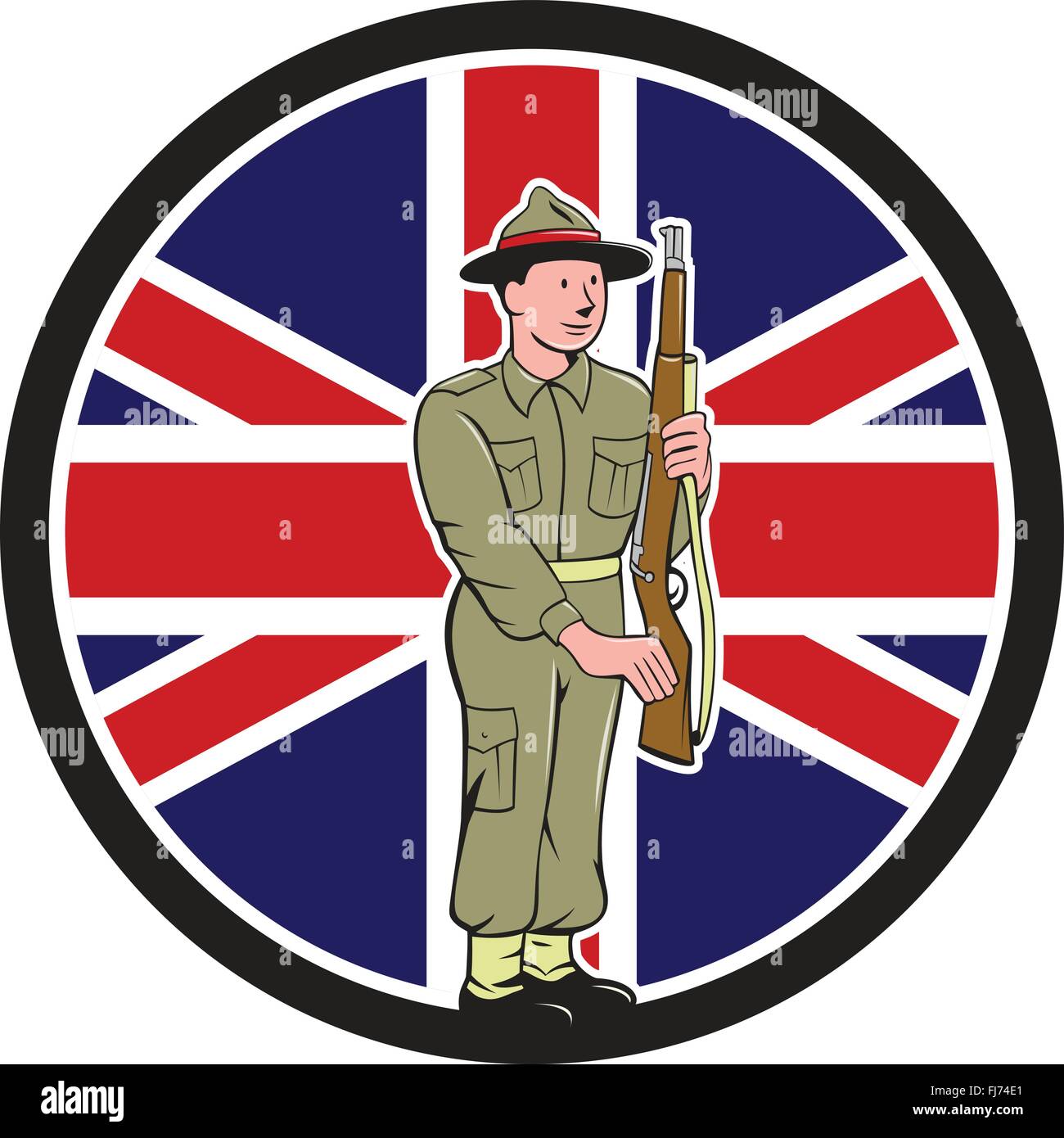 Abbildung eines zweiten Weltkrieges Soldat Presenting Wappen Gewehr Waffe für die Inspektion mit Union Jack British UK Flagge im Hintergrund im inneren Kreis im Cartoon-Stil gemacht. Stock Vektor