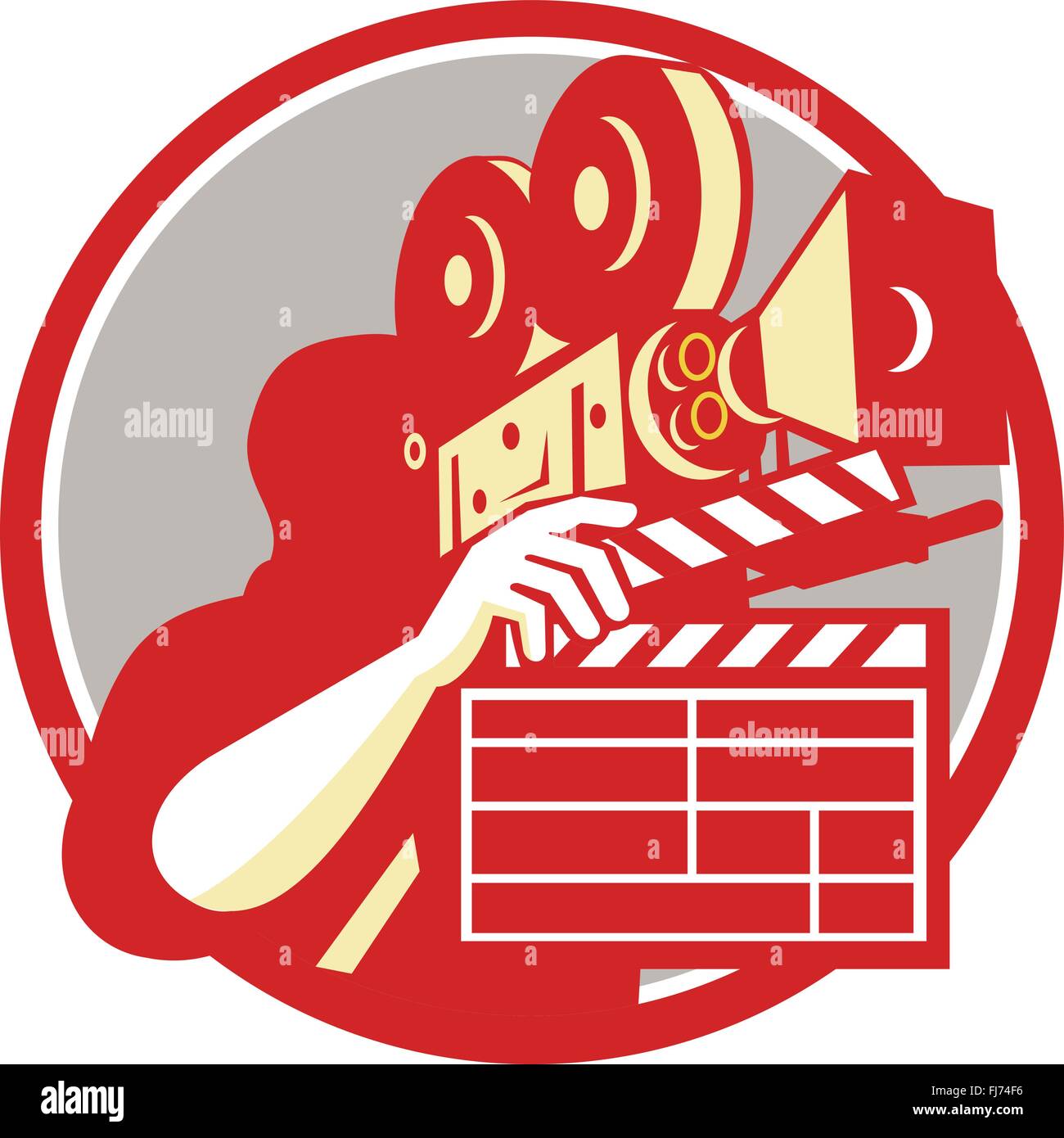 Illustration von Kameramann Filmregisseur mit Vintage-Film-Film-Kamera und Schindeln auf isolierte Hintergrund getan im retro-Stil in Kreis gesetzt. Stock Vektor