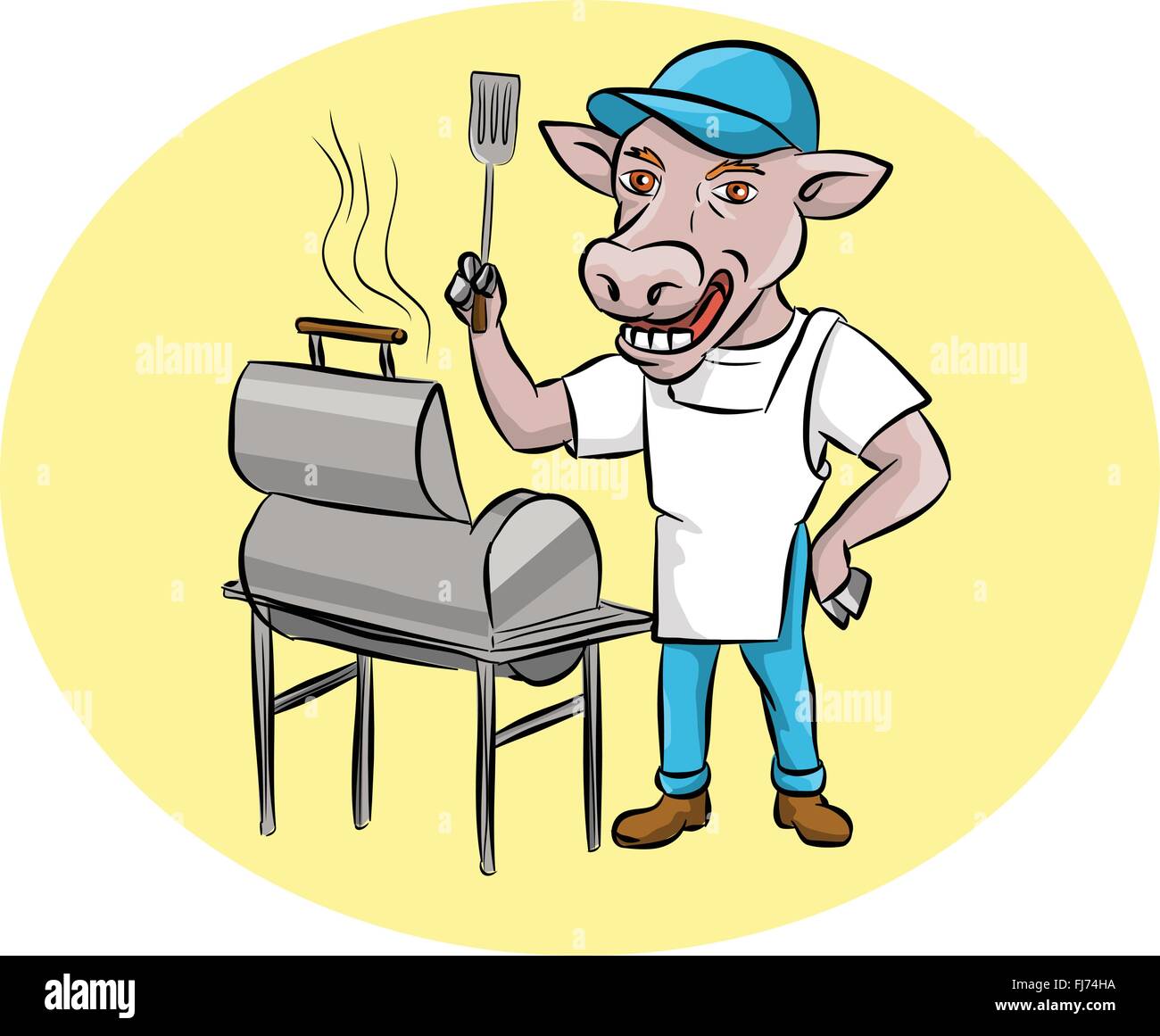 Beispiel für eine Kuh Grillmeister mit einem Spatel mit Hut und Schürze mit Grill oder Smoker im inneren ovalen Form im inneren ovalen Form getan im Cartoon-Stil Stock Vektor