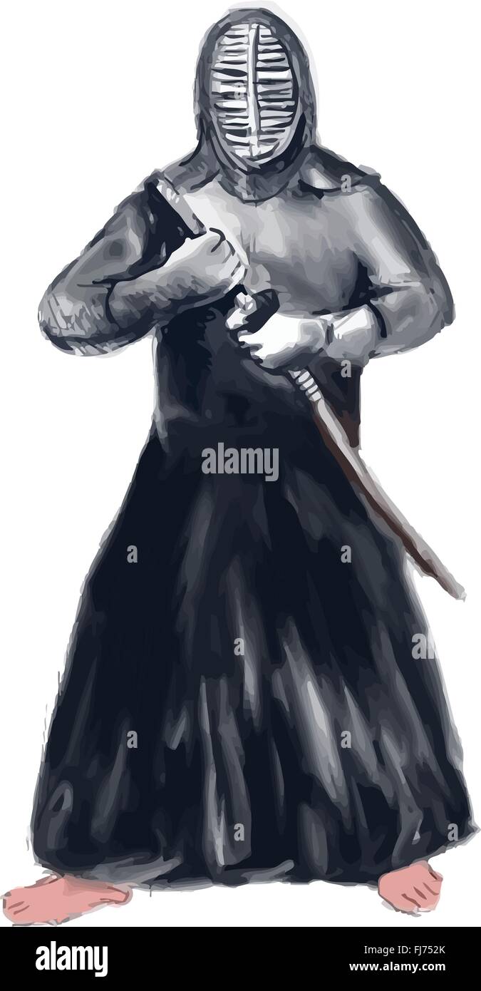 Aquarell-Stil Illustration ein Kendo Kendōka Schwertkämpfer, eine moderne japanische Kampfkunst, die Verwendung von Bambus Schwert Shinai und schützende Rüstung Bōgu bei der Bekämpfung der Haltung gegenüber der vorderen Reihe auf isolierten weißen Hintergrund. Stock Vektor