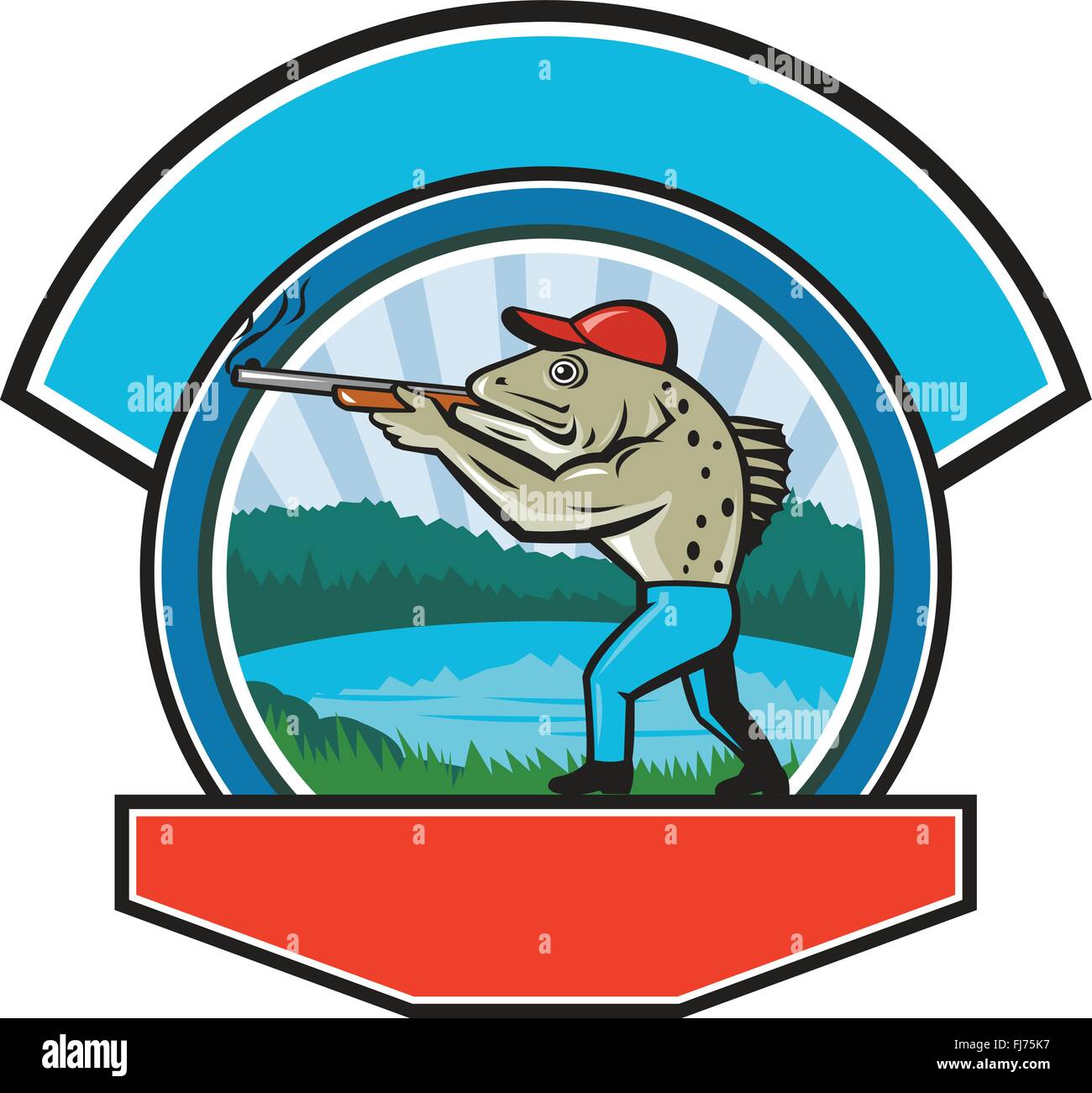Illustration der gefleckte Meerforelle Fisch Jäger Jagd mit dem Ziel einer Schrotflinte Gewehrs Seitenansicht mit See, Bäume und Berge Stock Vektor