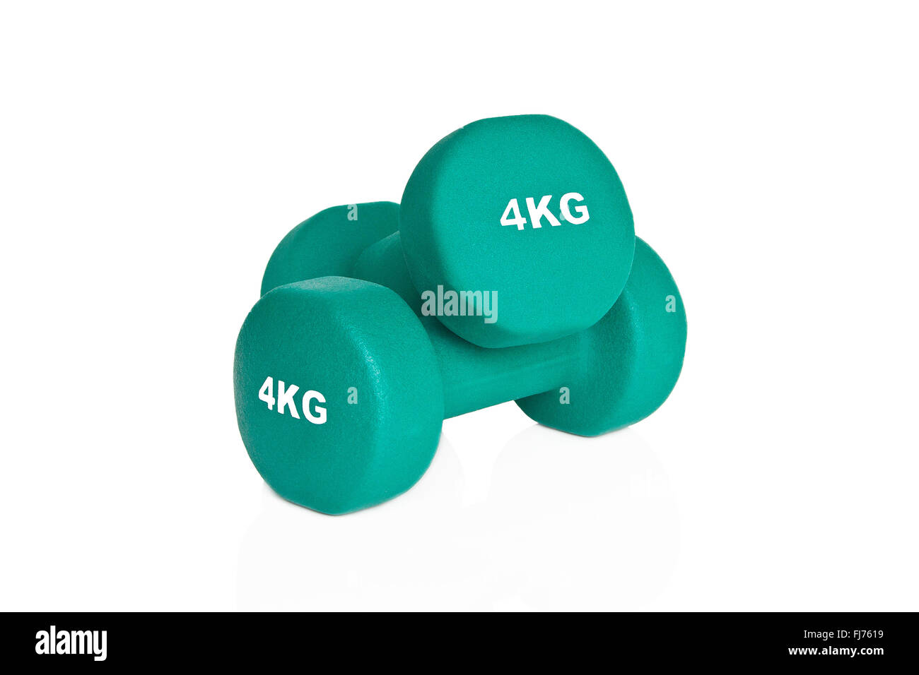 Grüne 4kg Hanteln isoliert auf weißem Hintergrund. Gewichte für ein Fitness-Training. Stockfoto