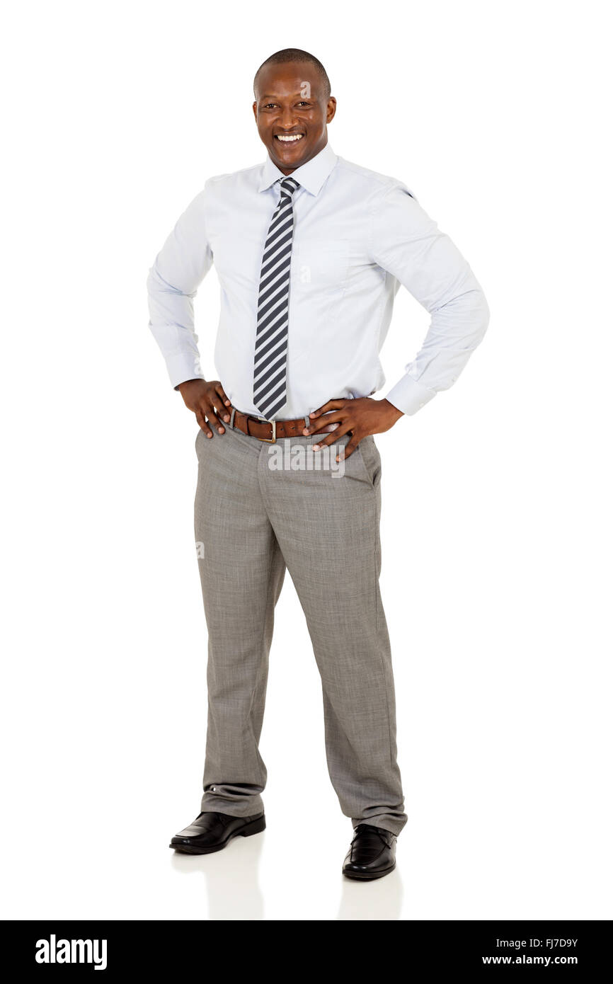 fröhliche afrikanische amerikanische Geschäftsmann posiert auf weißem Hintergrund Stockfoto