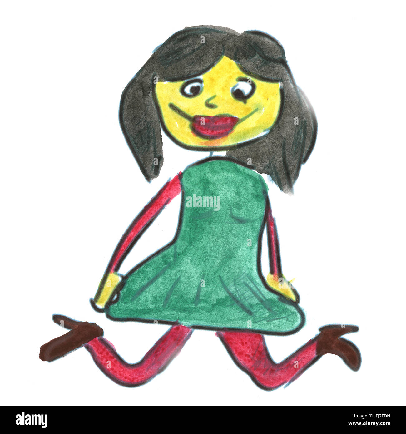 Mädchen in ein grünes Kleid Brünette Cartoon Aquarell isoliert Stockfoto