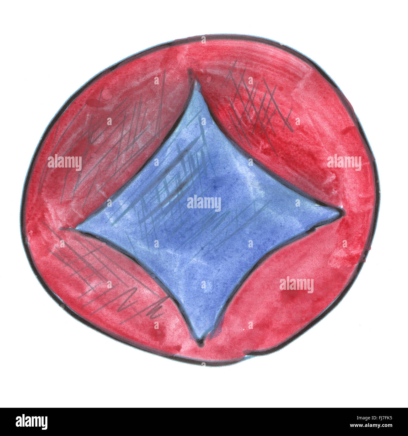roter Kreis blaue Diamant Cartoon Aquarell isoliert handgefertigt Stockfoto