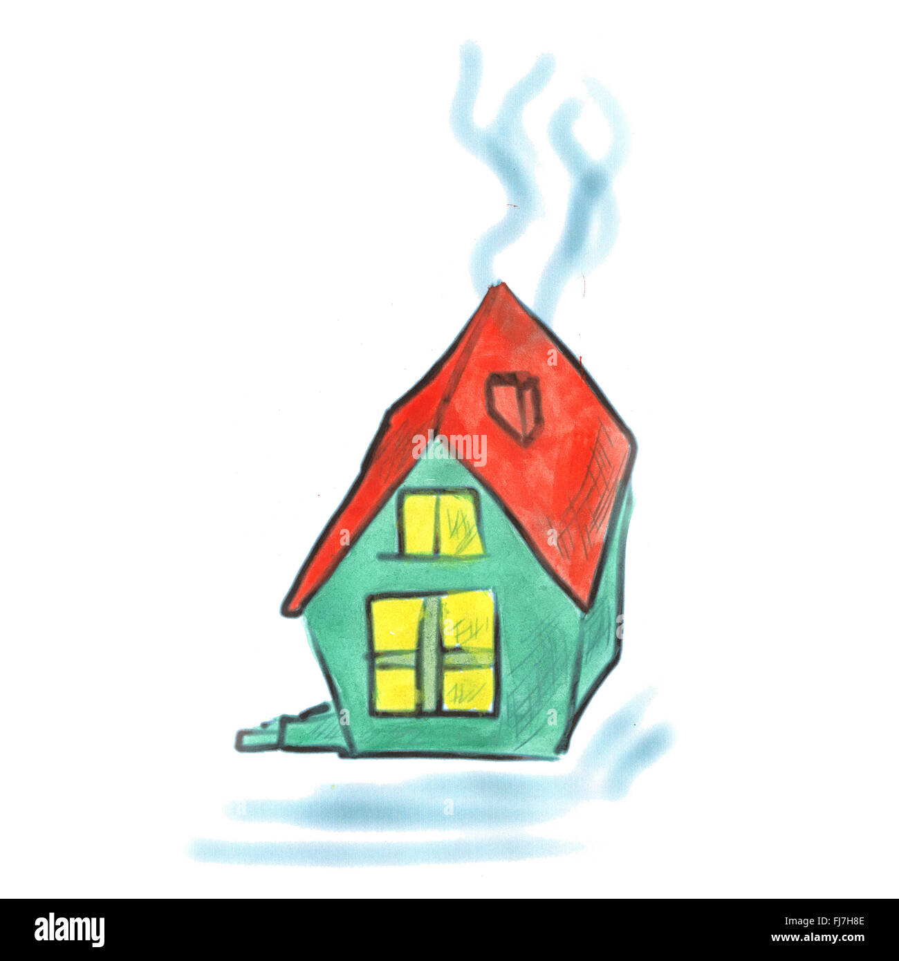 grünes Haus roten Dach Cartoon Aquarell isoliert Stockfoto