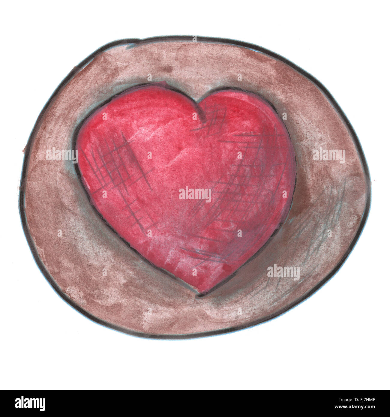 rotes Herz in braunen Kreis Cartoon Aquarell isoliert Stockfoto