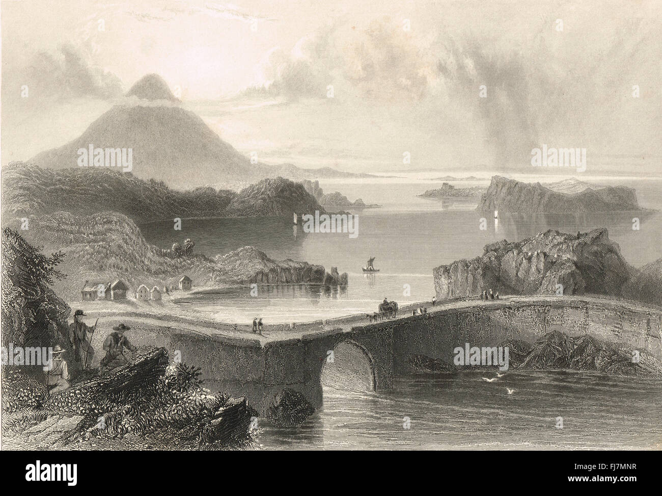 Gravur der Ponton-Brücke, Lough Conn, County Mayo, Irland 1841 Stockfoto