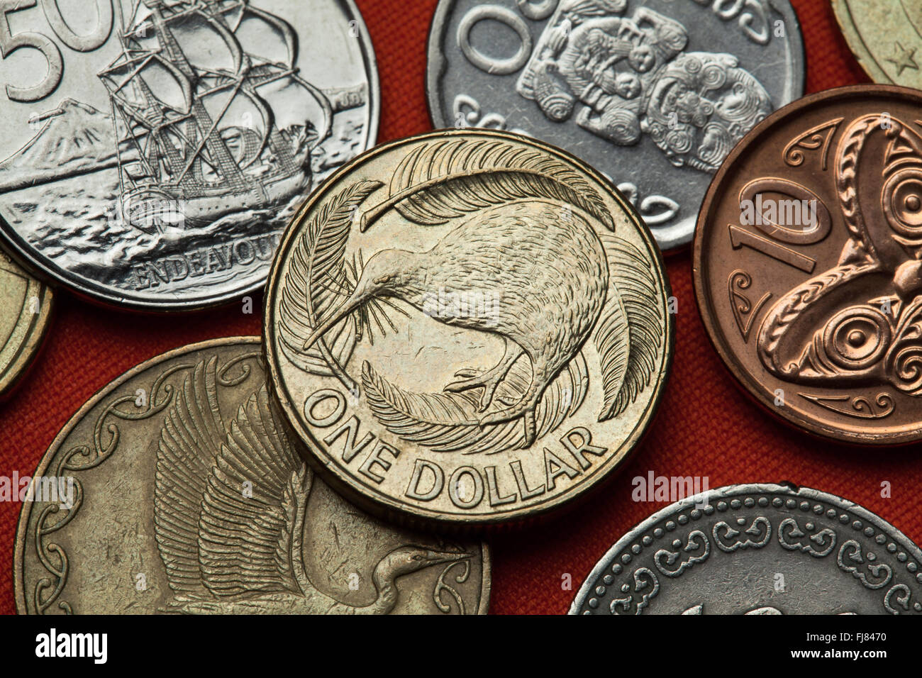 Münzen von Neuseeland. Kiwi (Apteryx Australis) und silbernen Farn (Cyathea Dealbata) in Neuseeland ein-Dollar-Münze abgebildet. Stockfoto