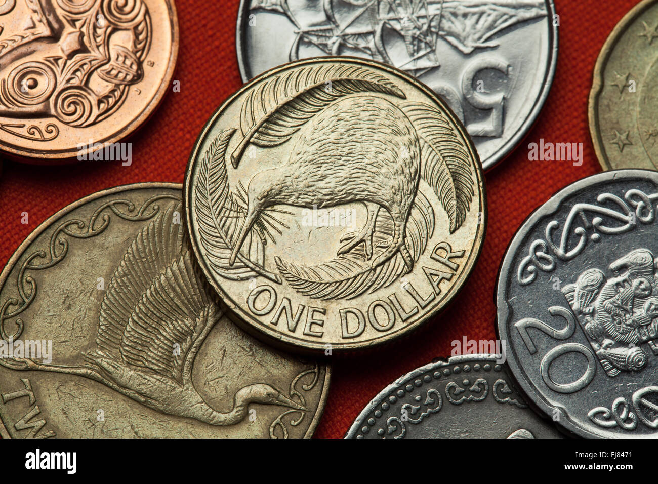 Münzen von Neuseeland. Kiwi (Apteryx Australis) und silbernen Farn (Cyathea Dealbata) in Neuseeland ein-Dollar-Münze abgebildet. Stockfoto