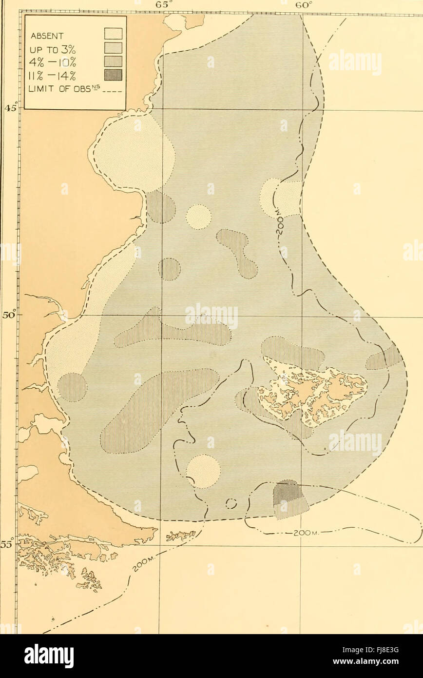 Die *Discovery Reports* von 1934 bieten einen detaillierten historischen Bericht früherer wissenschaftlicher Entdeckungen, dokumentiert in kunstvoller Kalligraphie. Die gescannten Seiten spiegeln die Handwerkskunst früherer Manuskriptentwürfe wider und zeigen die reiche Kulturgeschichte der wissenschaftlichen Dokumentation. Stockfoto