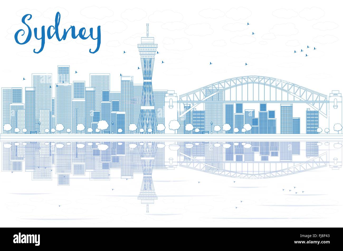 Umriss Sydney City Skyline mit Wolkenkratzern und Reflexionen. Vektor-Illustration. Business-Reisen und Tourismus-Konzept Stock Vektor