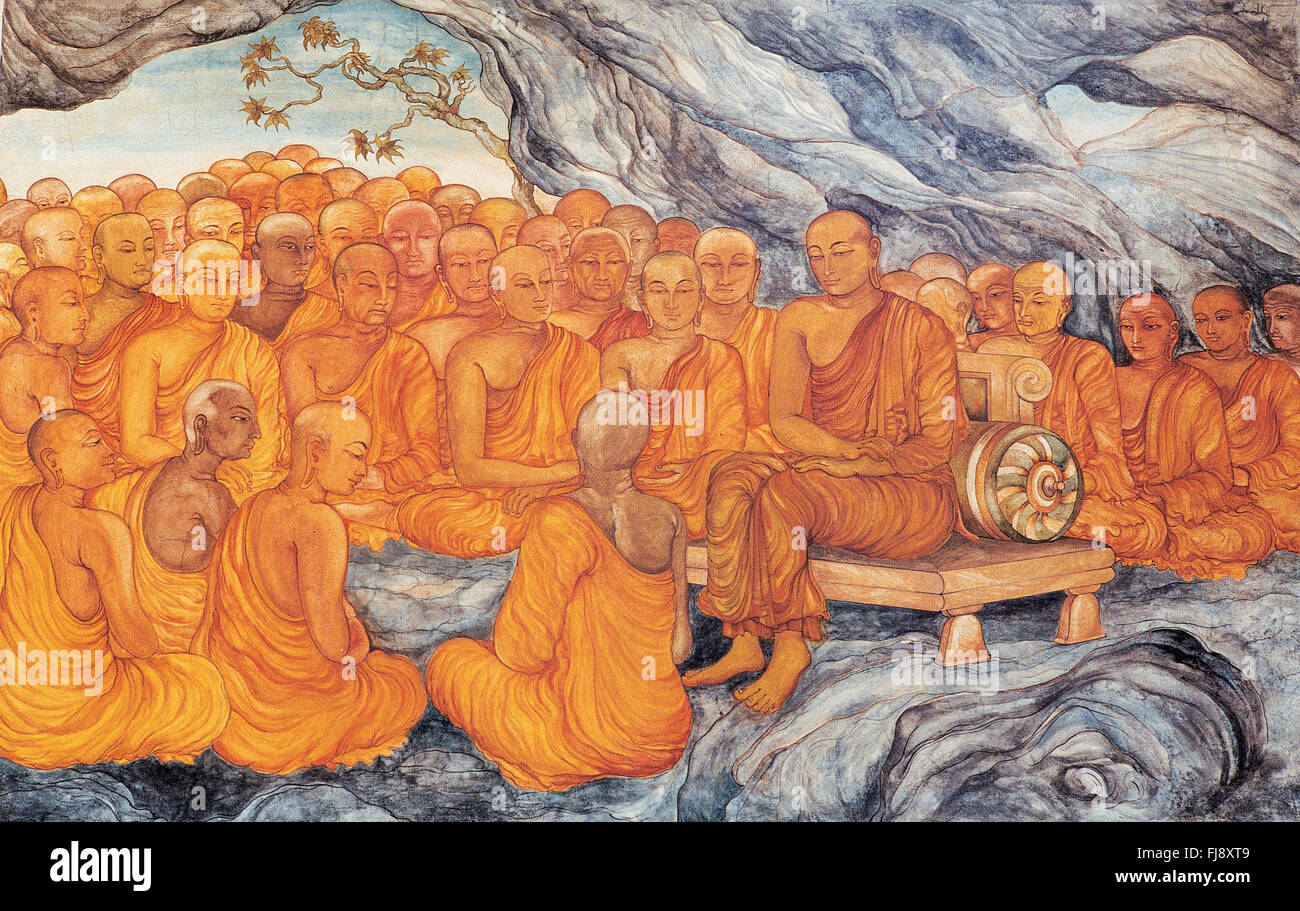 Lord Buddha Predigt im Gespräch mit Schülern, die Indien gemalt haben Stockfoto