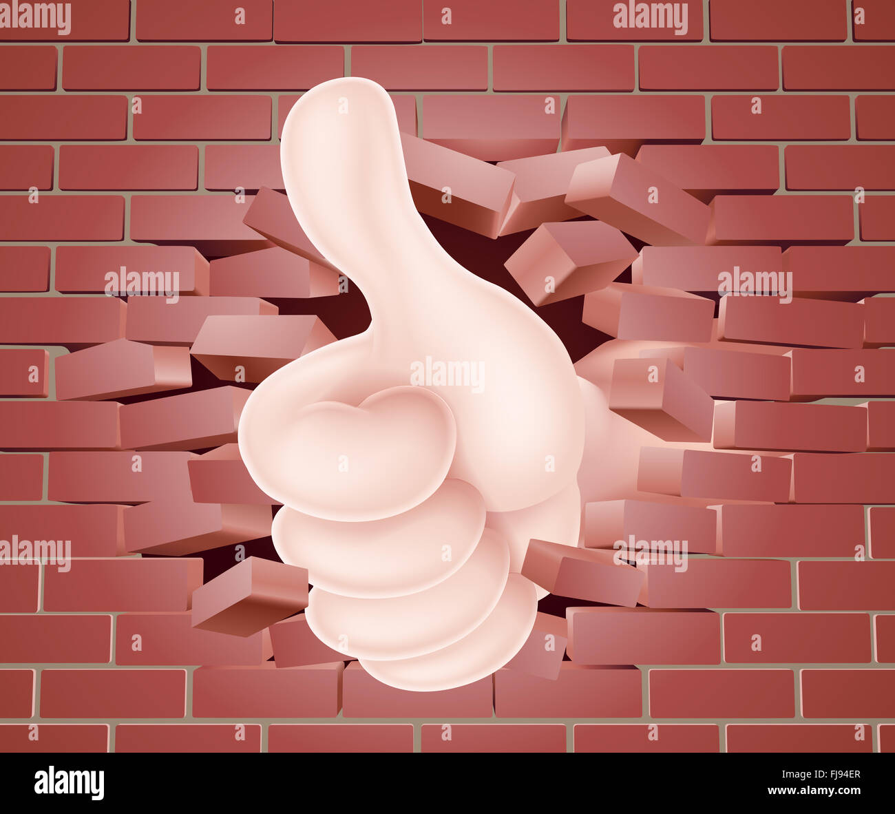 Konzeptionelle Darstellung der eine Hand geben einen Daumen nach oben durchbrechen einer roten Backsteinmauer Stockfoto