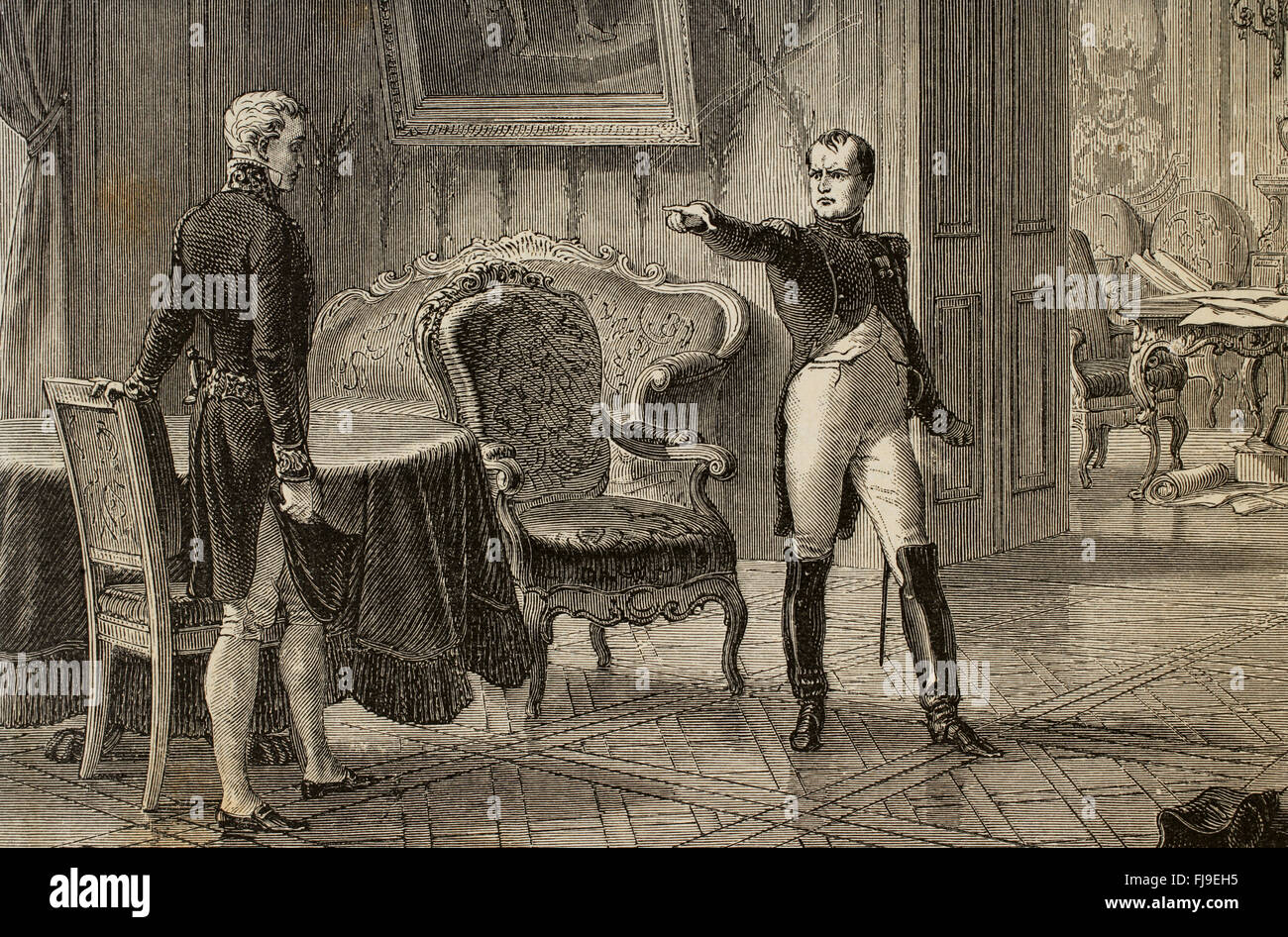 Kaiser Napoleon Bonaparte (1769-1821) trifft sich mit Klemens von Metternich (1773-1859) beim Desden 1813. Kupferstich von E. Deschamps. Historia de Francia, 1886. Stockfoto