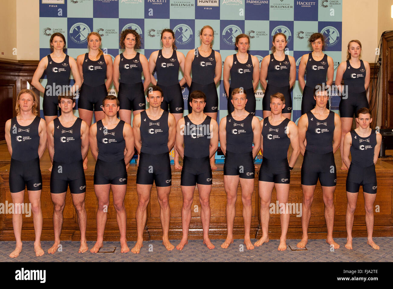 Central Hall, Westminster, London, UK. 1. März 2016. Crew-Ankündigung für die 2016 Cancer Research UK Regatten. OUBC George McKirdy, James White, Morgan Gurlak, Joshua Bugajski, Leo Carrington, Jorgen Tveit, James Cook, Nik Hazell, Sam Collier.    OUWBC Emma Lukasiewik, Emma Fichte, Joanneke Jansen, Ruth Siddorn, Elo Luik, Anastasia Chitty, Mandy Badcott, Lauren Kedar, Morgan Baynham-Williams. Bildnachweis: Stephen Bartholomäus/Alamy Live-Nachrichten Stockfoto