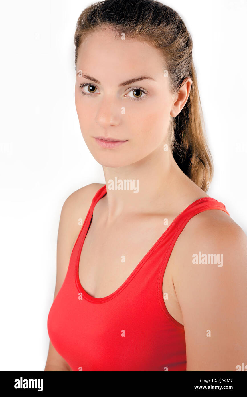Junge gesunde sportliche Frau in Sportswear-Kleidung.  Isoliert auf weißem Hintergrund. Stockfoto