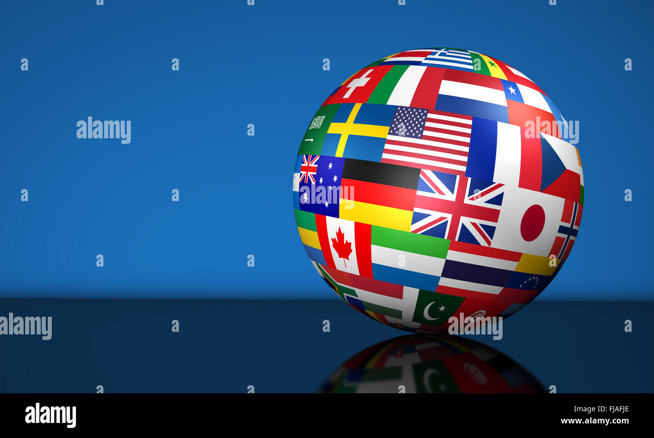 Flaggen der Welt auf einem Globus für international Business, Schule, Reiseleistungen und globales Management Konzept Abbildung. Stockfoto