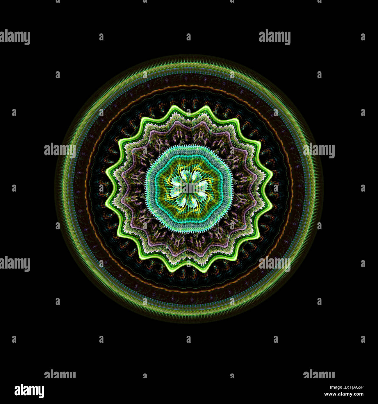 Mandala-Fraktal-Kunst, isoliert auf schwarz, Hinduismus Stockfoto