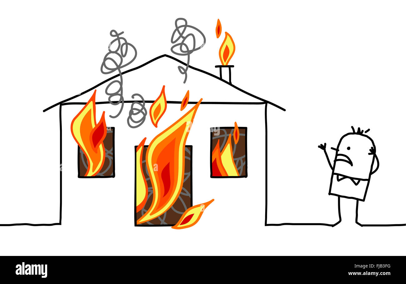 Hand gezeichnete Cartoon-Figur - Mann mit Haus & Feuer Stockfoto