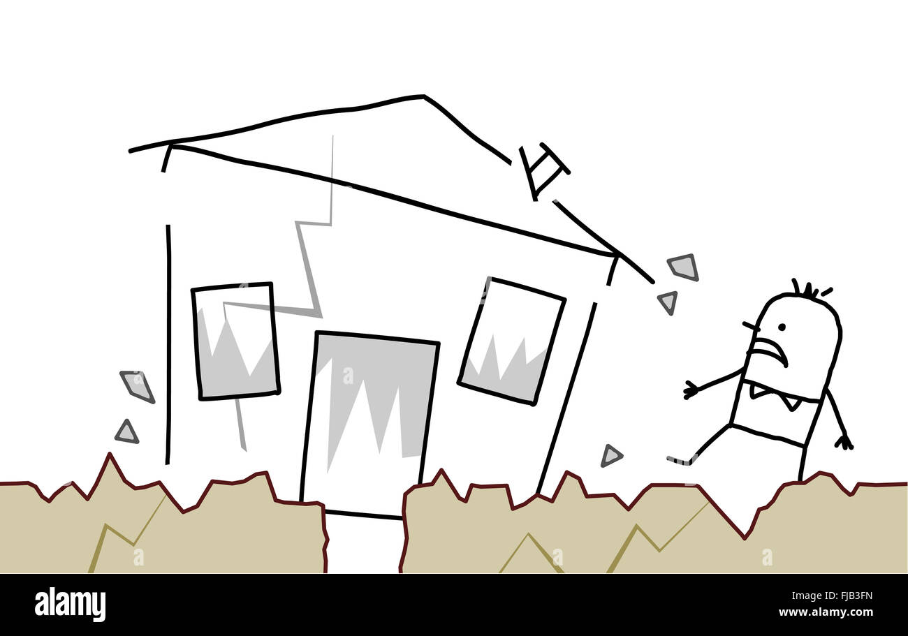 handgezeichnete Cartoon Charakter - Mann mit Haus & Erdbeben Stockfoto