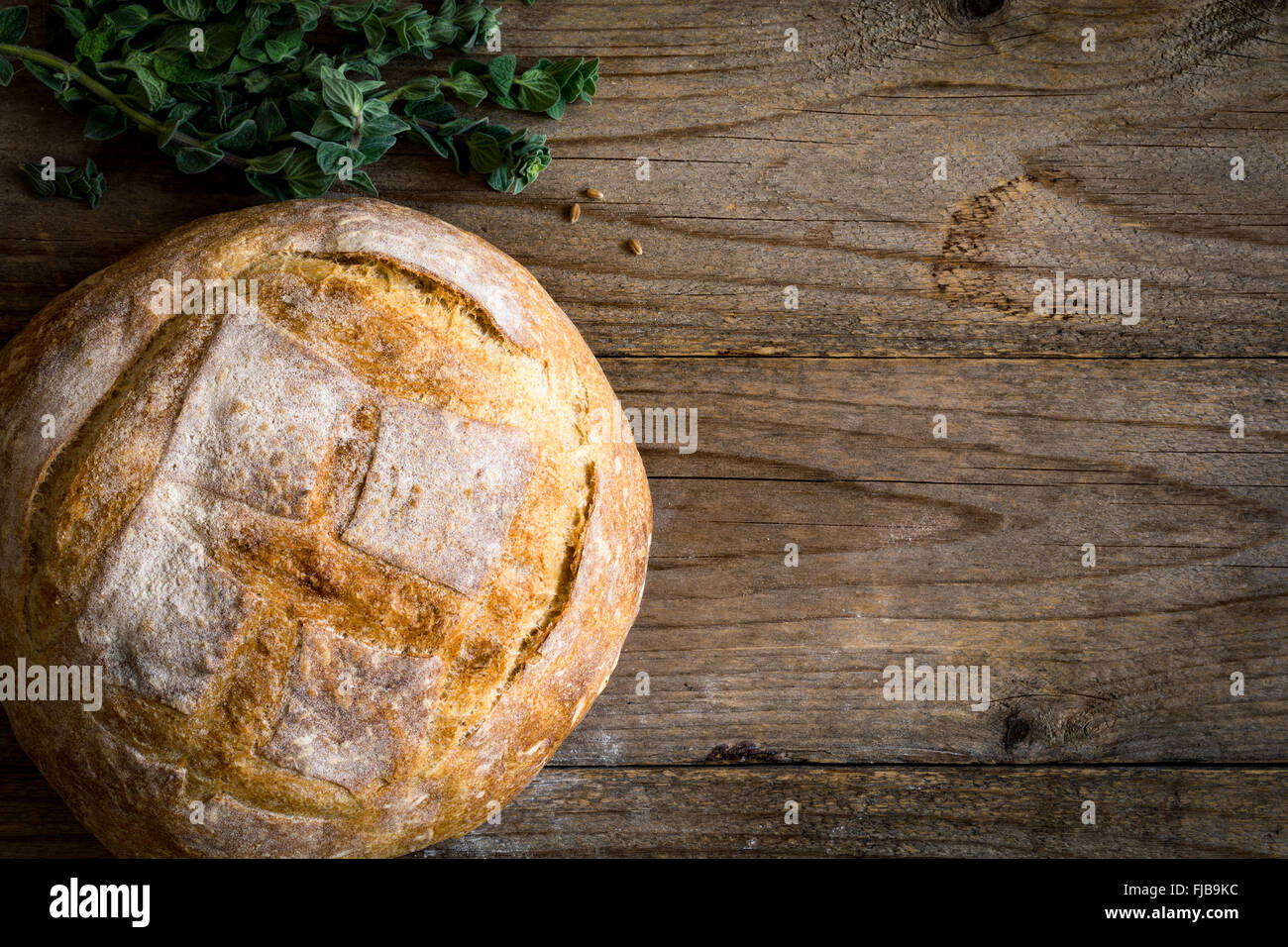 Runden Laib Brot gebackene frisch Sauerteigbrot auf hölzernen Hintergrund. Tafel und Bündel frischer Oregano Federn auf Seite Stockfoto