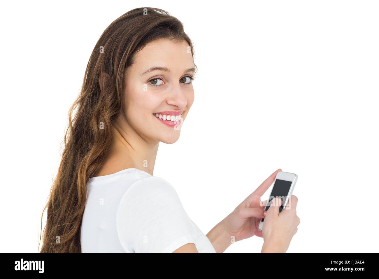 Lächelnde Frau mit ihrem smartphone Stockfoto