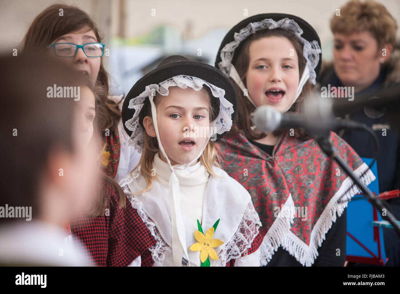 Carmarthen, Wales, Großbritannien. 1st. März 2016. Carmarthen, Wales, Großbritannien. 1st. März 2016. Junge, Jungen, Mädchen, Mädchen, Kind, Kinder, Schüler, Studenten, von der Nantgaredig School in Nationalkostüm von Wales singen Lieder auf Walisisch am Guildhall Square, Carmarthen, Carmarthenshire, Wales, U.K. Credit: Paul Quayle/Alamy Live News Stockfoto