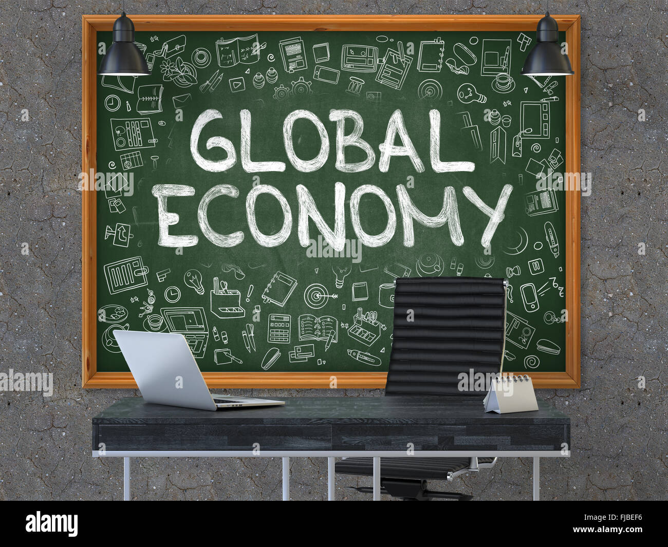 Handgezeichnete Weltwirtschaft an Office Tafel. Stockfoto