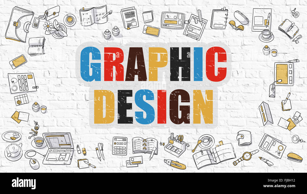 Mehrfarbige Grafik-Design auf weißen Brickwall. Doodle-Stil. Stockfoto