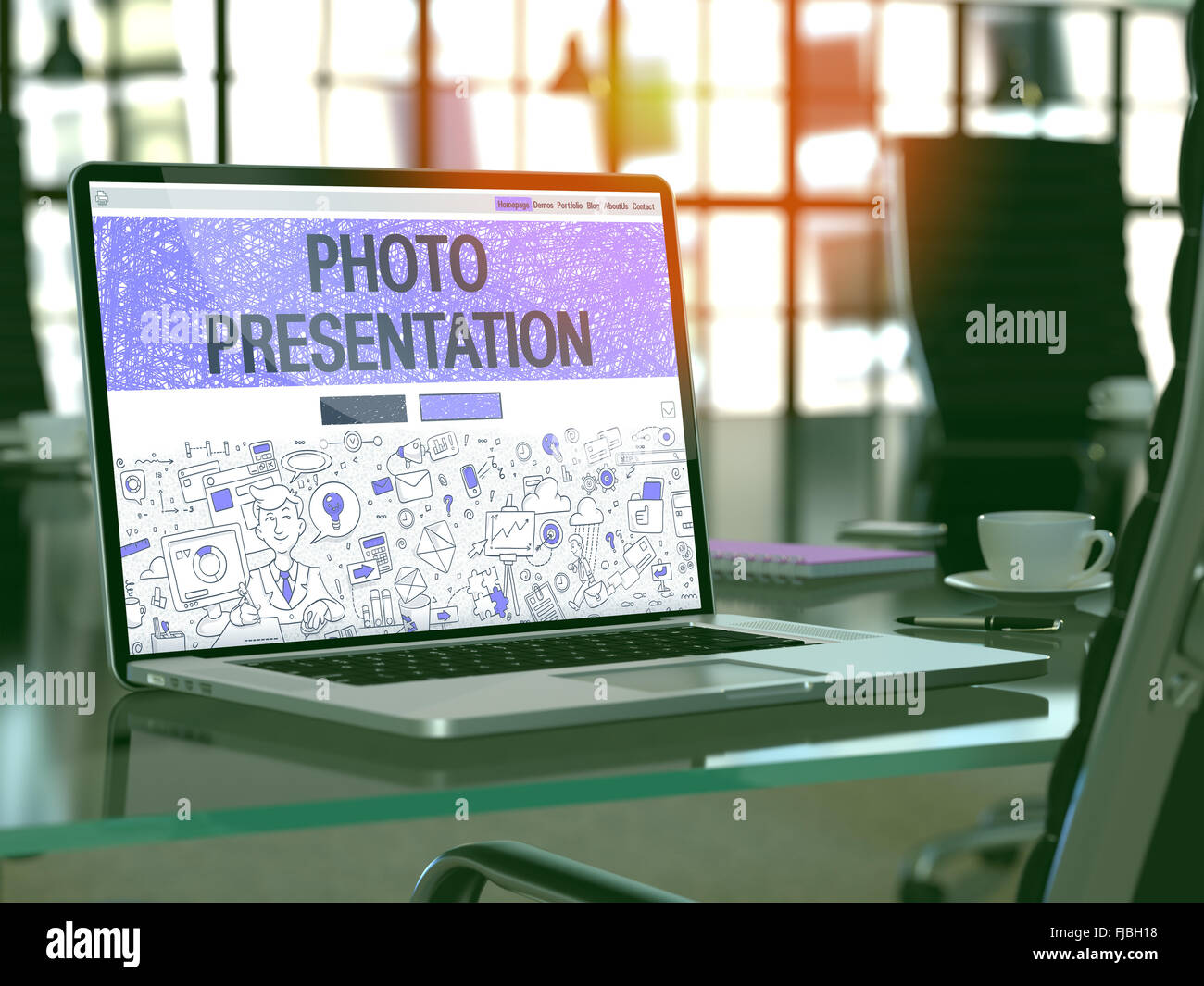 Laptop-Bildschirm mit Foto-Präsentations-Konzept. Stockfoto