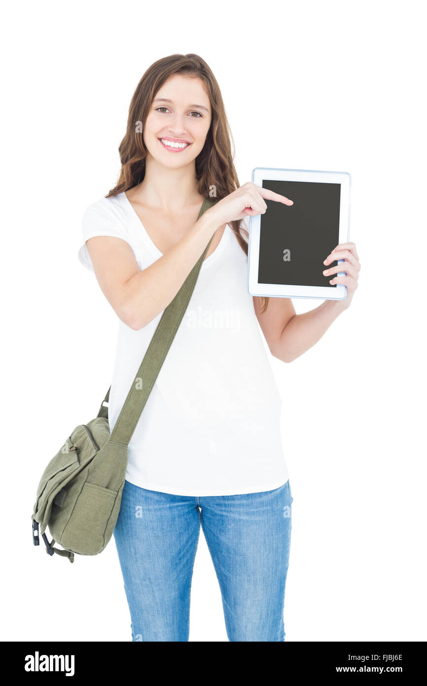 Porträt von glücklich weibliche College Student zeigt digital-Tablette Stockfoto
