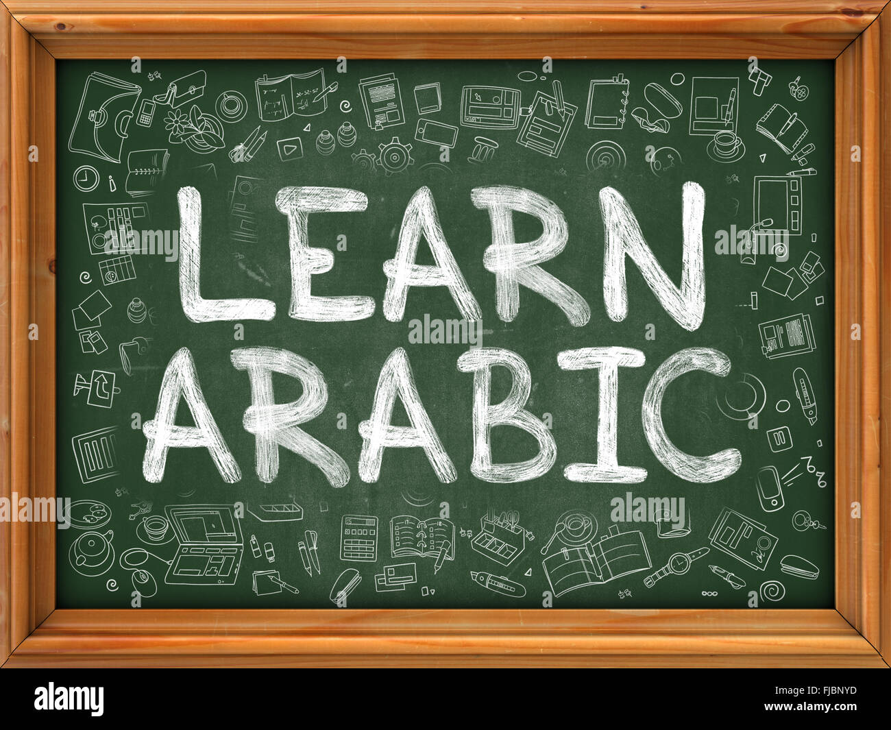 Lernen Sie Arabisch Konzept. Doodle-Symbole auf der Tafel. Stockfoto