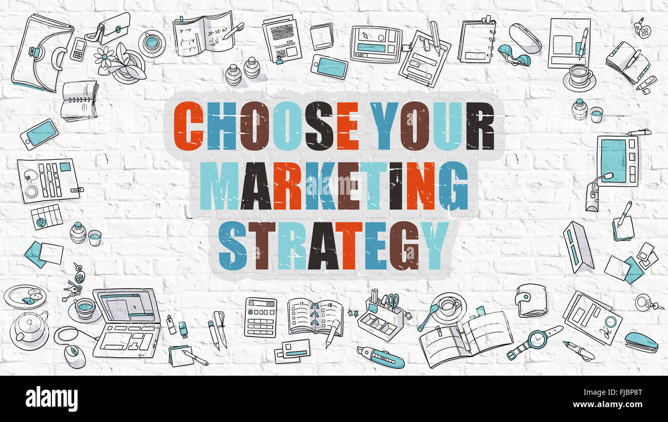 Multicolor wählen Sie Ihre Marketingstrategie auf weißen Brickwall. Stockfoto