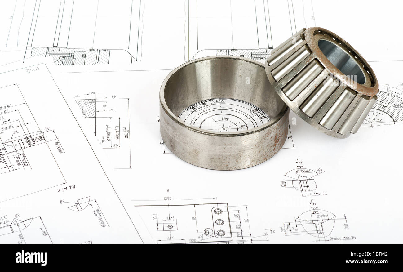 Rollenlager auf Blaupausen Stockfoto