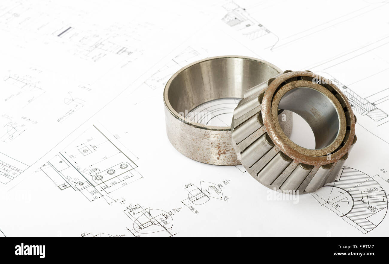 Rollenlager auf Blaupausen Stockfoto