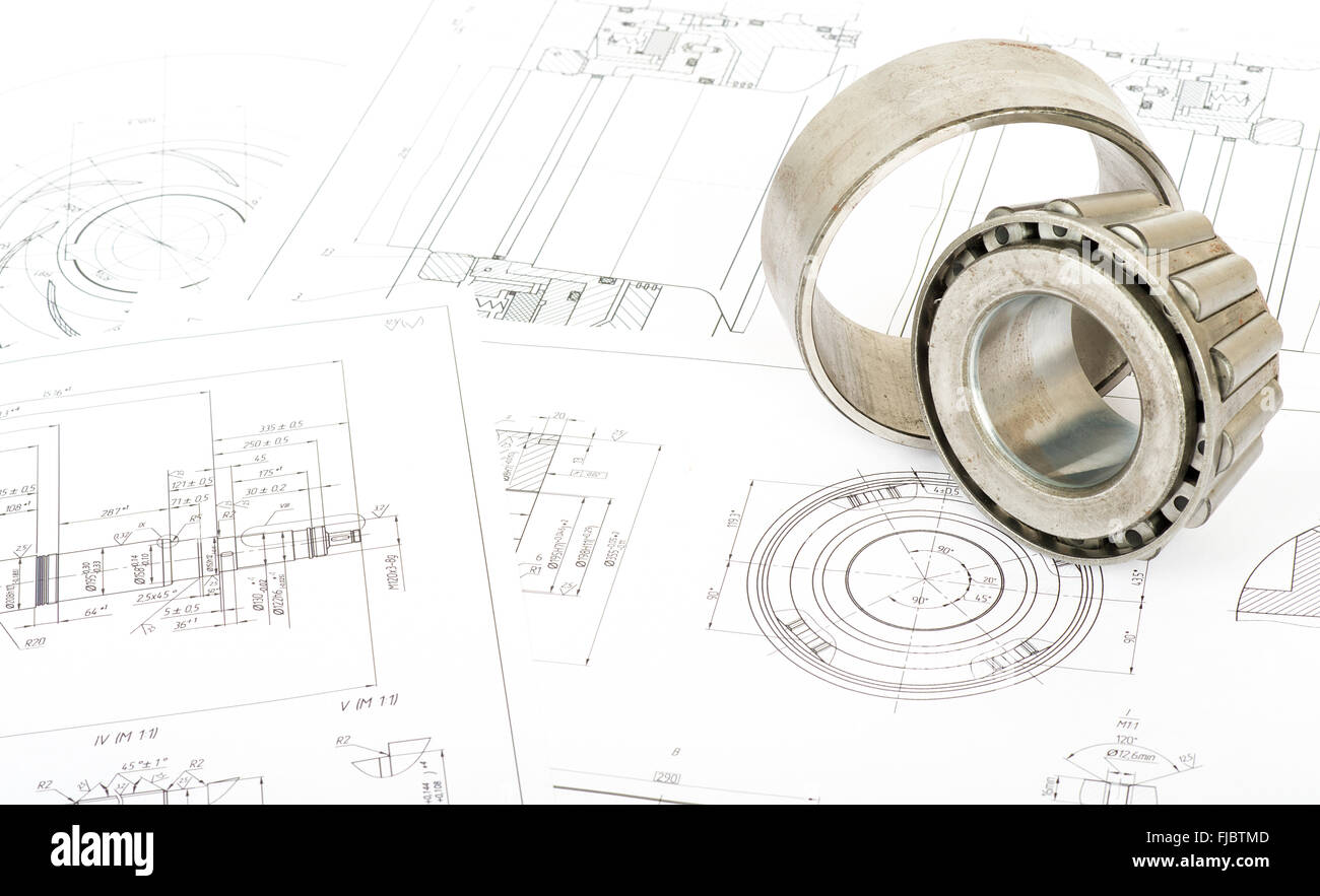 Rollenlager auf Blaupausen Stockfoto