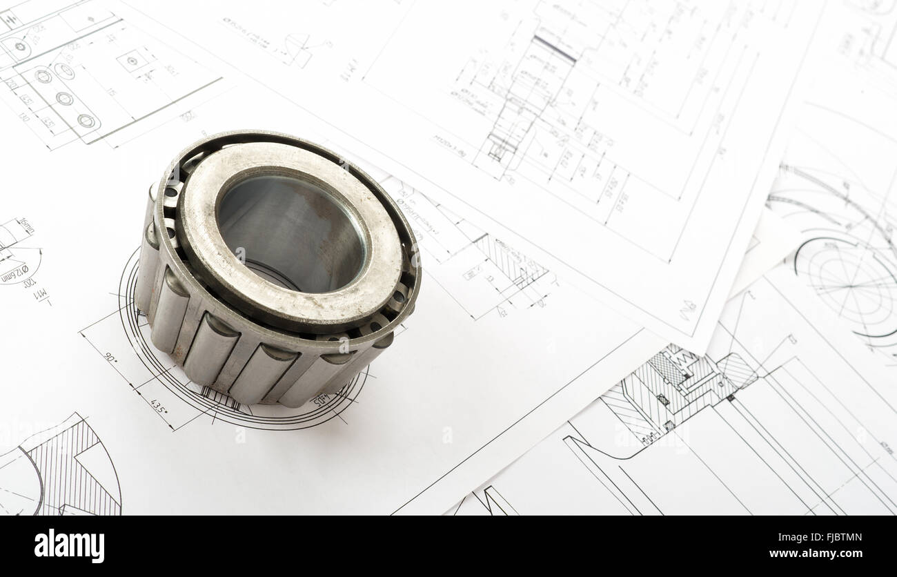 Rollenlager auf Blaupausen Stockfoto