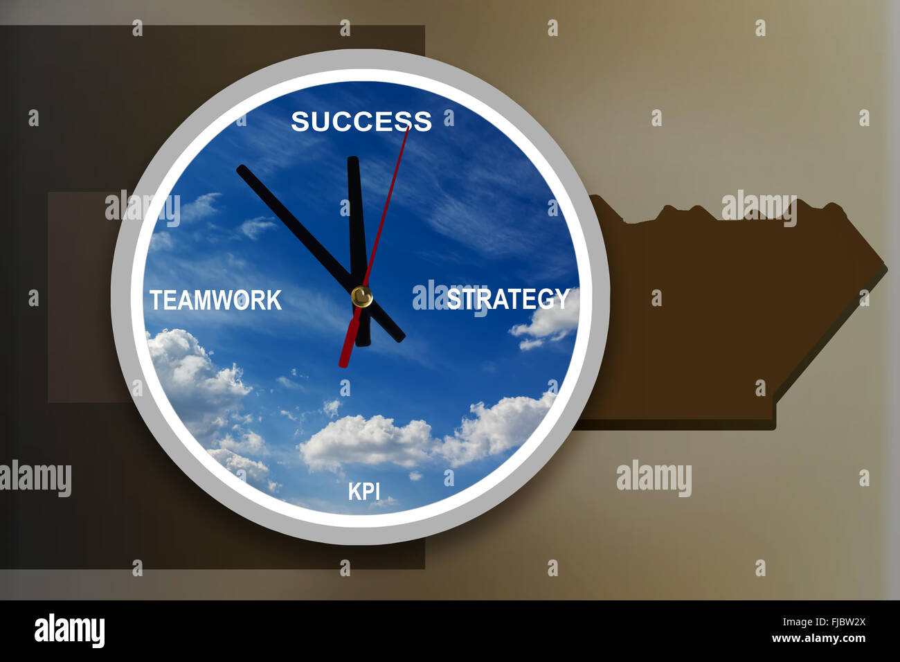 Business-Konzept-Zeit zum Erfolg mit Text-Strategie, Teamwork, KPI in Himmel und Schlüssel abstrakte grafische Hintergrund und Kopie Raum Stockfoto