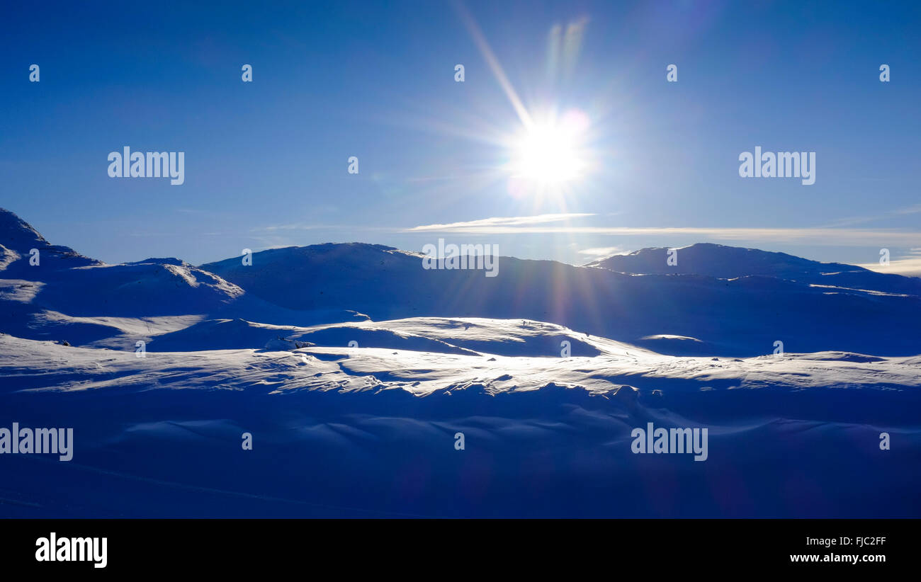 Blick über den Schnee bedeckt Totten Berg in Hemsedal, Norwegen Stockfoto