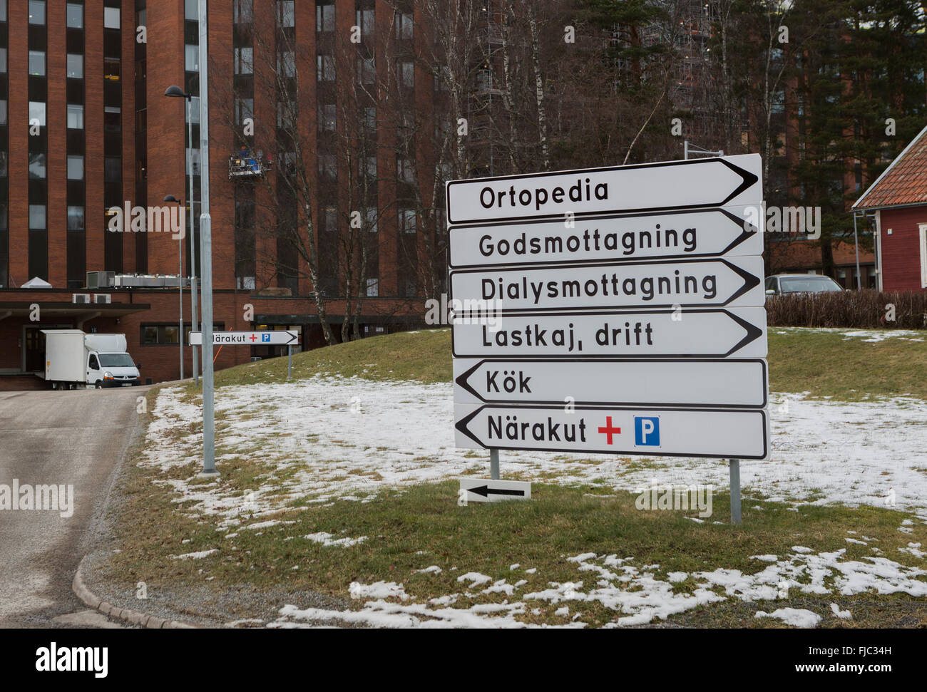Verweis auf die Notaufnahme im Krankenhaus Löwenströmska, Upplands Väsby Stockfoto