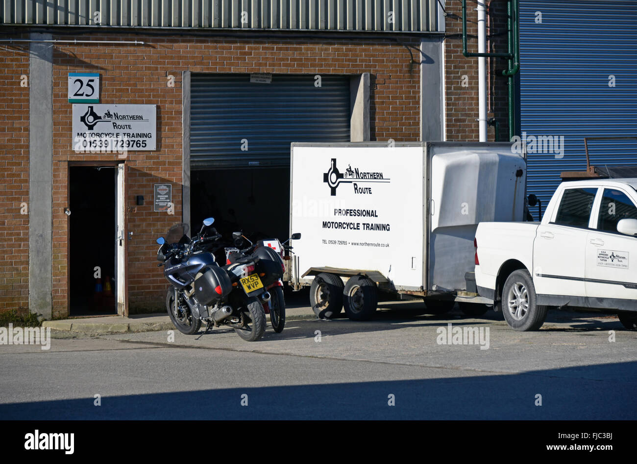 Nordroute-professionelle Motorrad-Training. Lake District Business Park, Kendal, Cumbria, England, Vereinigtes Königreich, Europa. Stockfoto