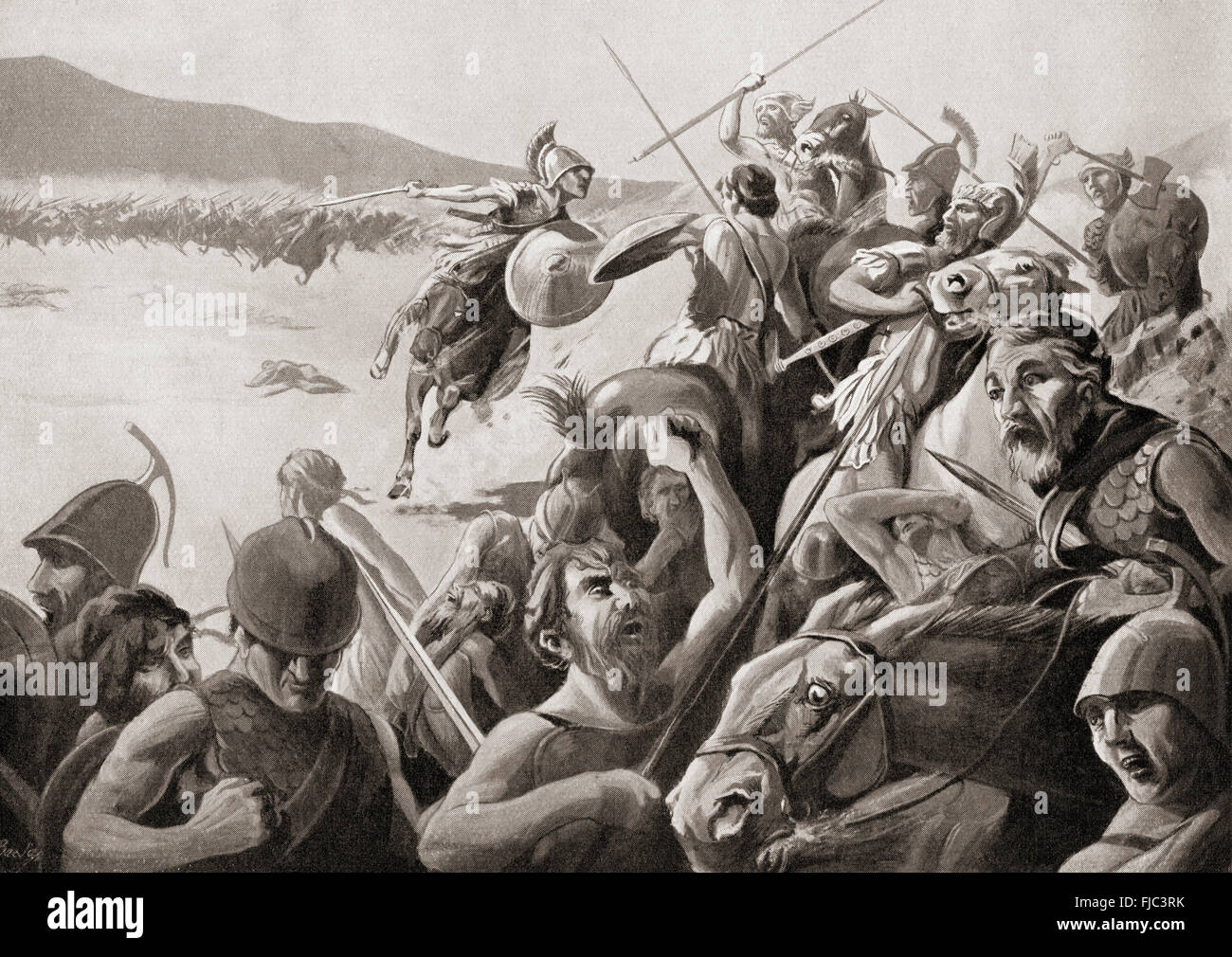 Die Schlacht von Cynoscephalae, Thessalien, Griechenland, 197 v. Chr. zwischen der römischen Armee und der Antigonid Dynastie von Makedonien. Stockfoto