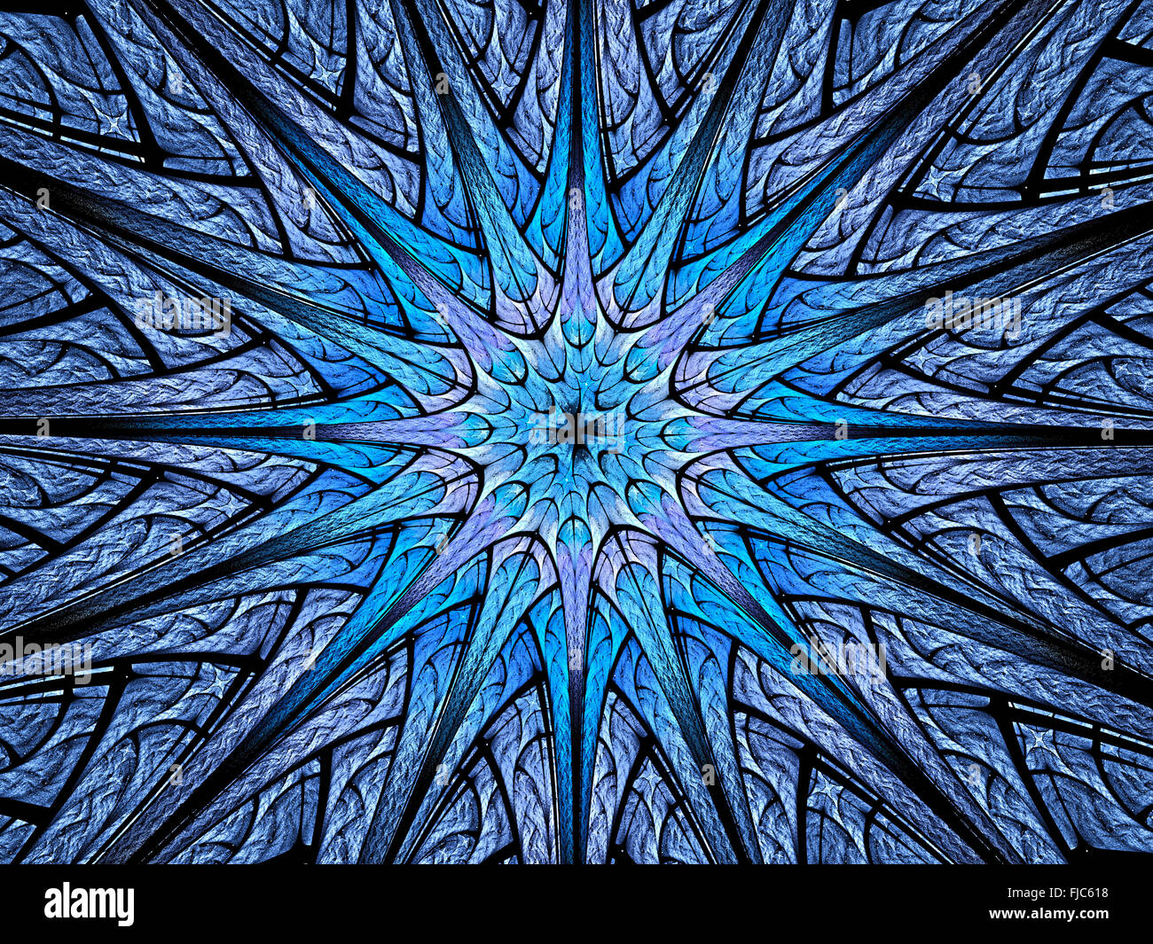 Sternförmige blau leuchtende Fraktale im Raum, computergenerierten abstrakten Hintergrund Stockfoto