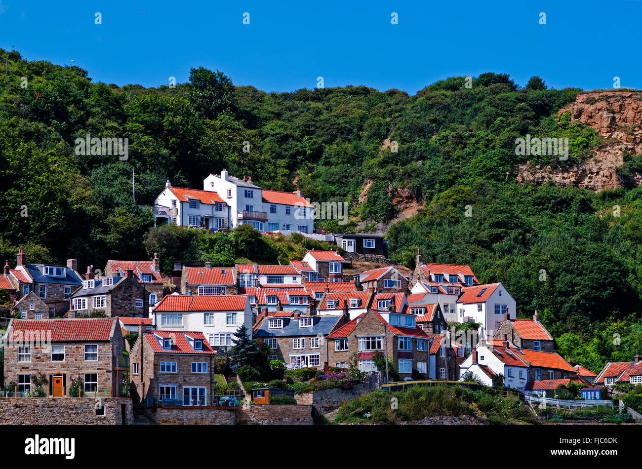 Malerische Häuser mit roten Ziegeldächern gebaut am Hang, Runswick Bay, Dorf an der Küste, Yorkshire Heritage Coast, England UK Stockfoto